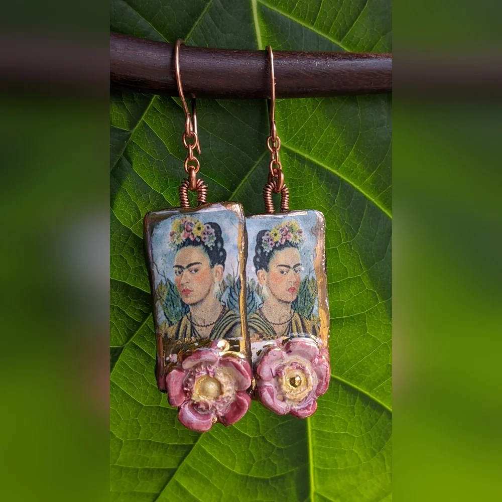Unique Frida Khalo Earrings Artisan Crafted Lightweight Ceramic Charms - Picture 14 of 16